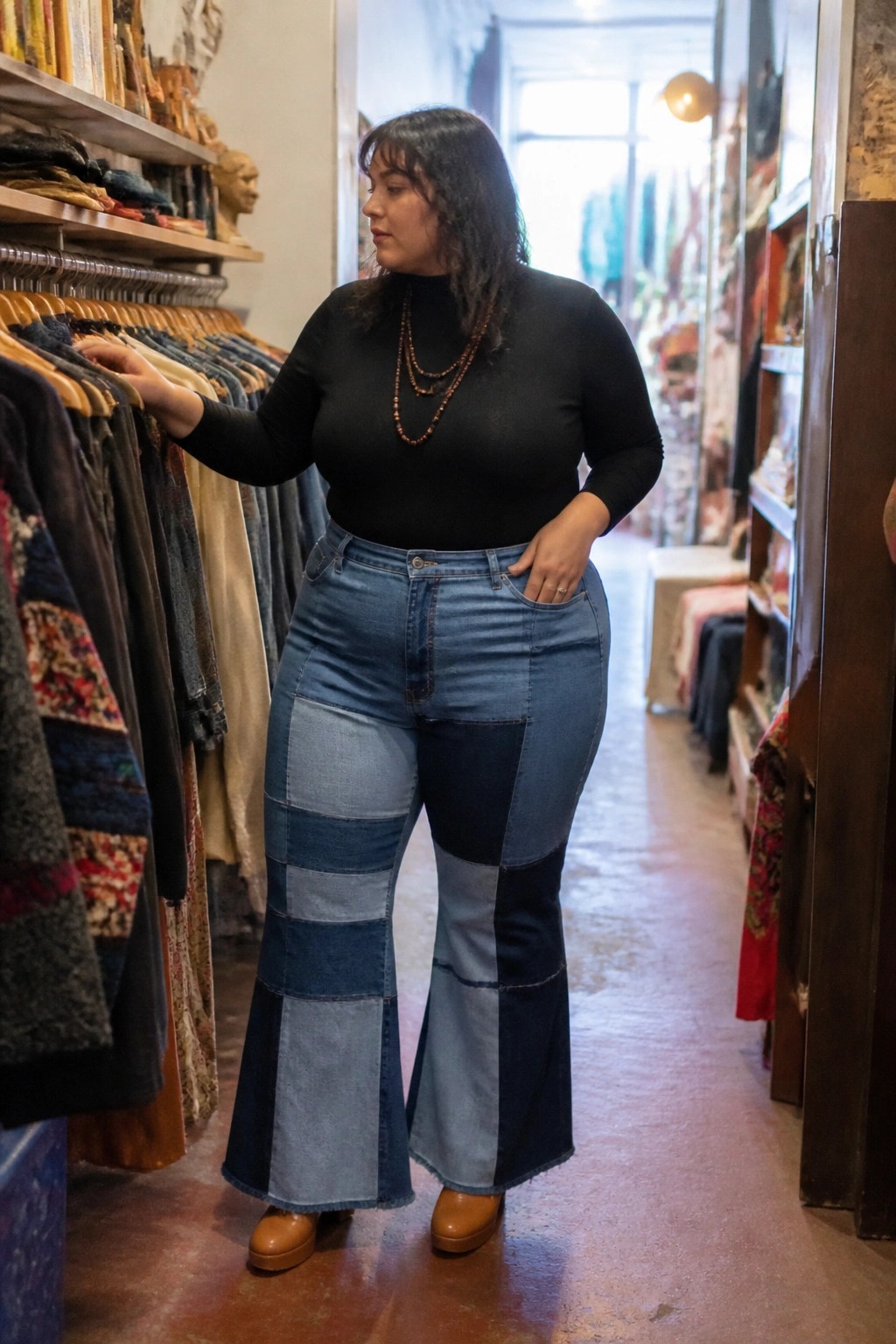 Woman in black top and patchwork jeans browsing rack in clothing store.