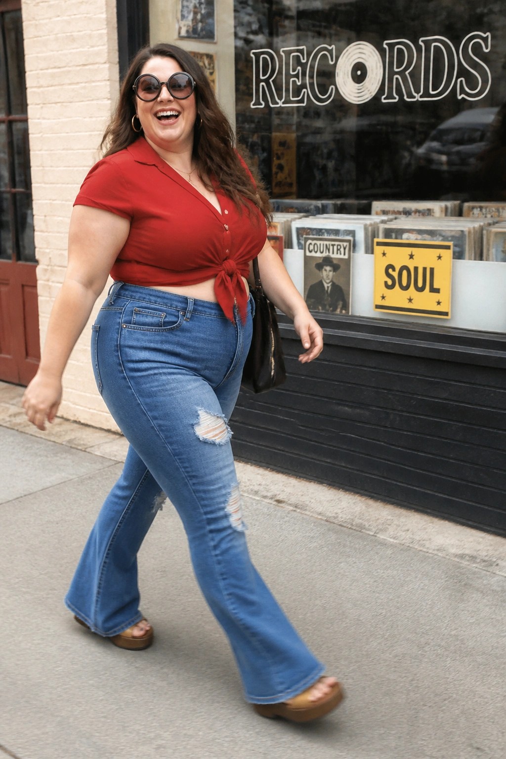 Smiling woman in red tied top and ripped flare jeans outside record store.