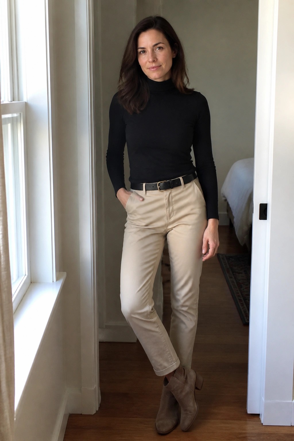 Woman in black turtleneck and beige pants posing in home doorway