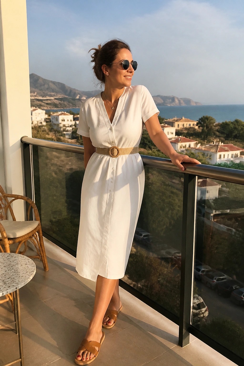 Woman in white button down midi dress with beige woven belt and brown slide sandals standing on a balcony.