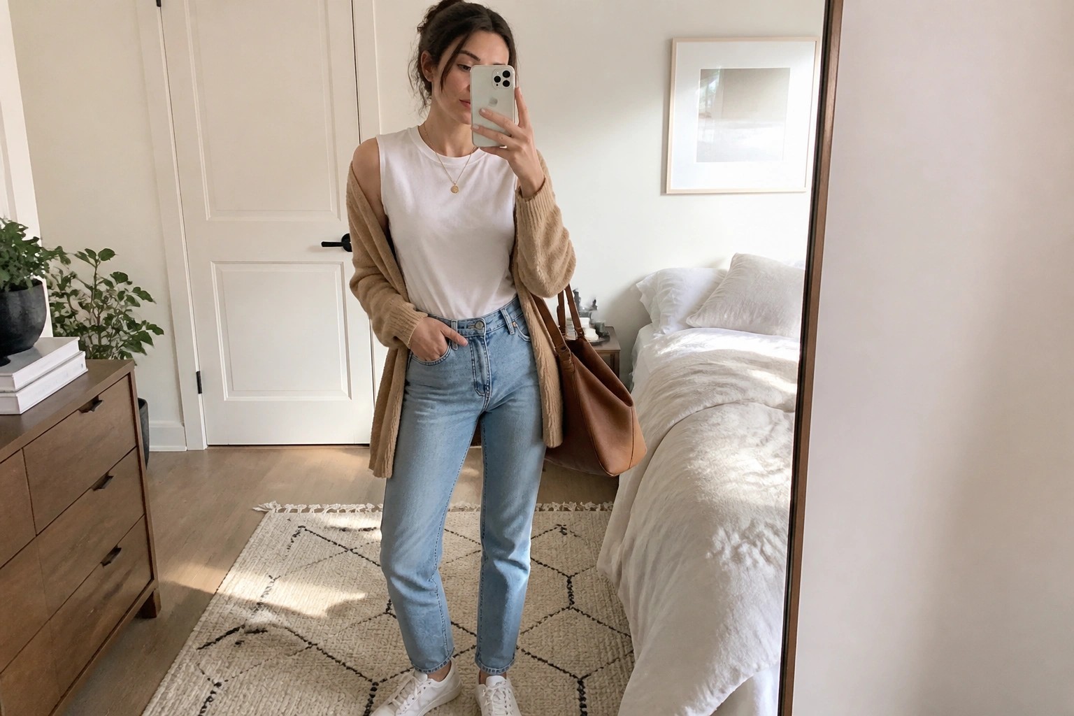 Woman wearing a white crewneck t-shirt under an oversized brown knit cardigan, light blue straight-leg jeans, white sneakers, and carrying a brown leather tote bag while taking a mirror selfie in a bedroom.