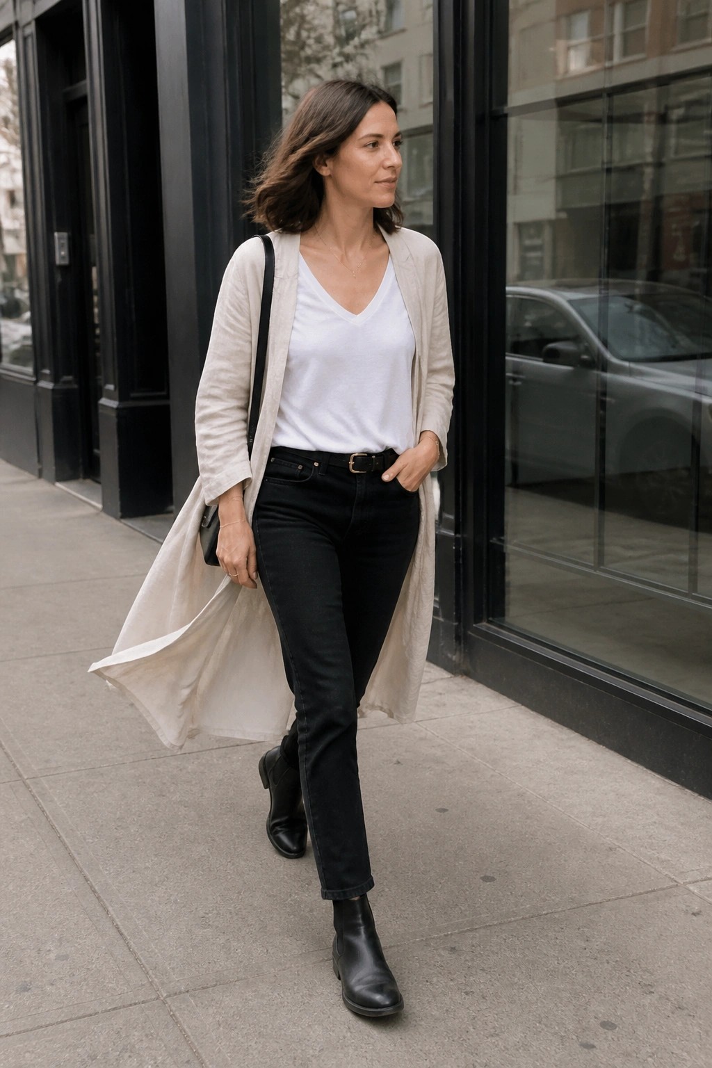 Woman in long beige cardigan, white top, black jeans walking on sidewalk