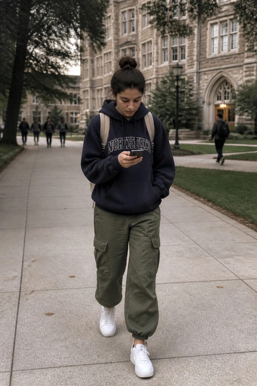 Woman in navy Northwest hoodie and olive cargo pants checks phone on campus path