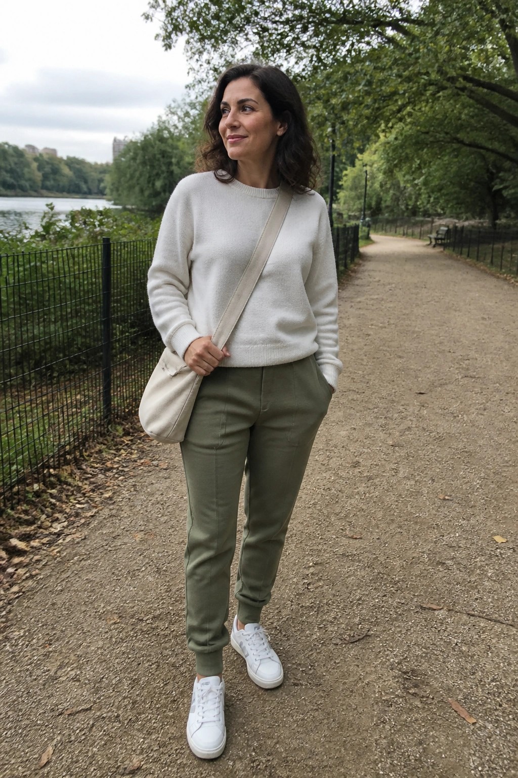 Woman in cream sweater and olive pants with beige bag on park path