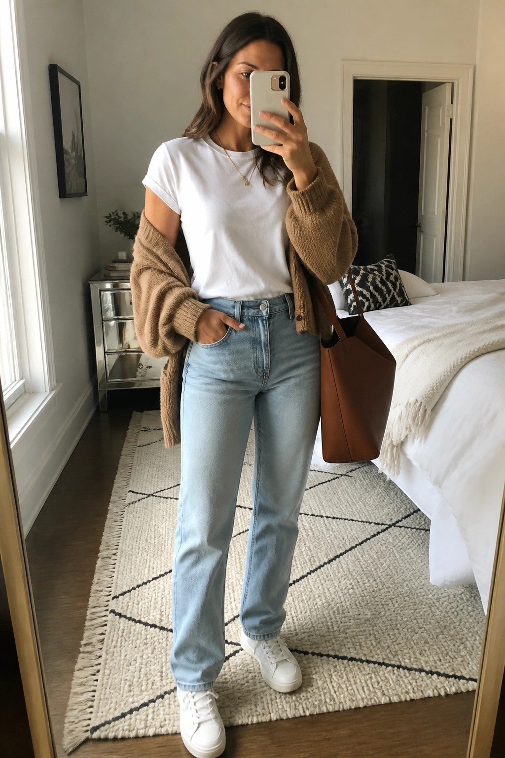 Woman wearing a white crewneck t-shirt under an oversized brown knit cardigan, light blue straight-leg jeans, white sneakers, and carrying a brown leather tote bag while taking a mirror selfie in a bedroom.