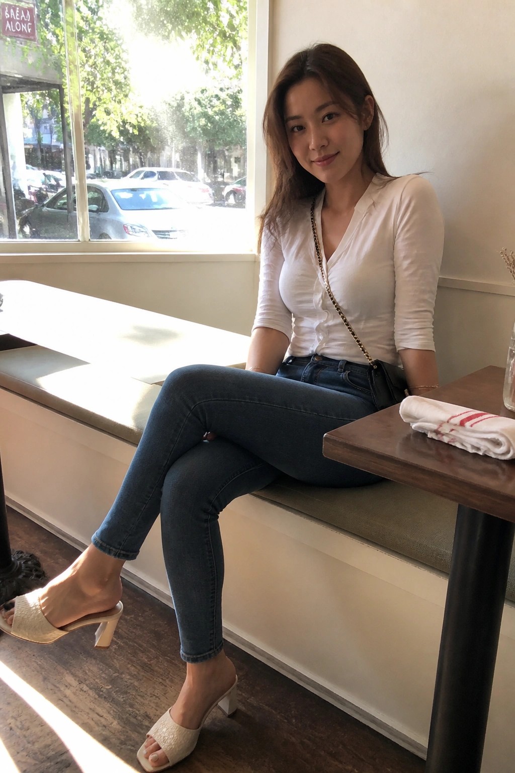 Woman in white top and jeans seated by sunny cafe window with purse