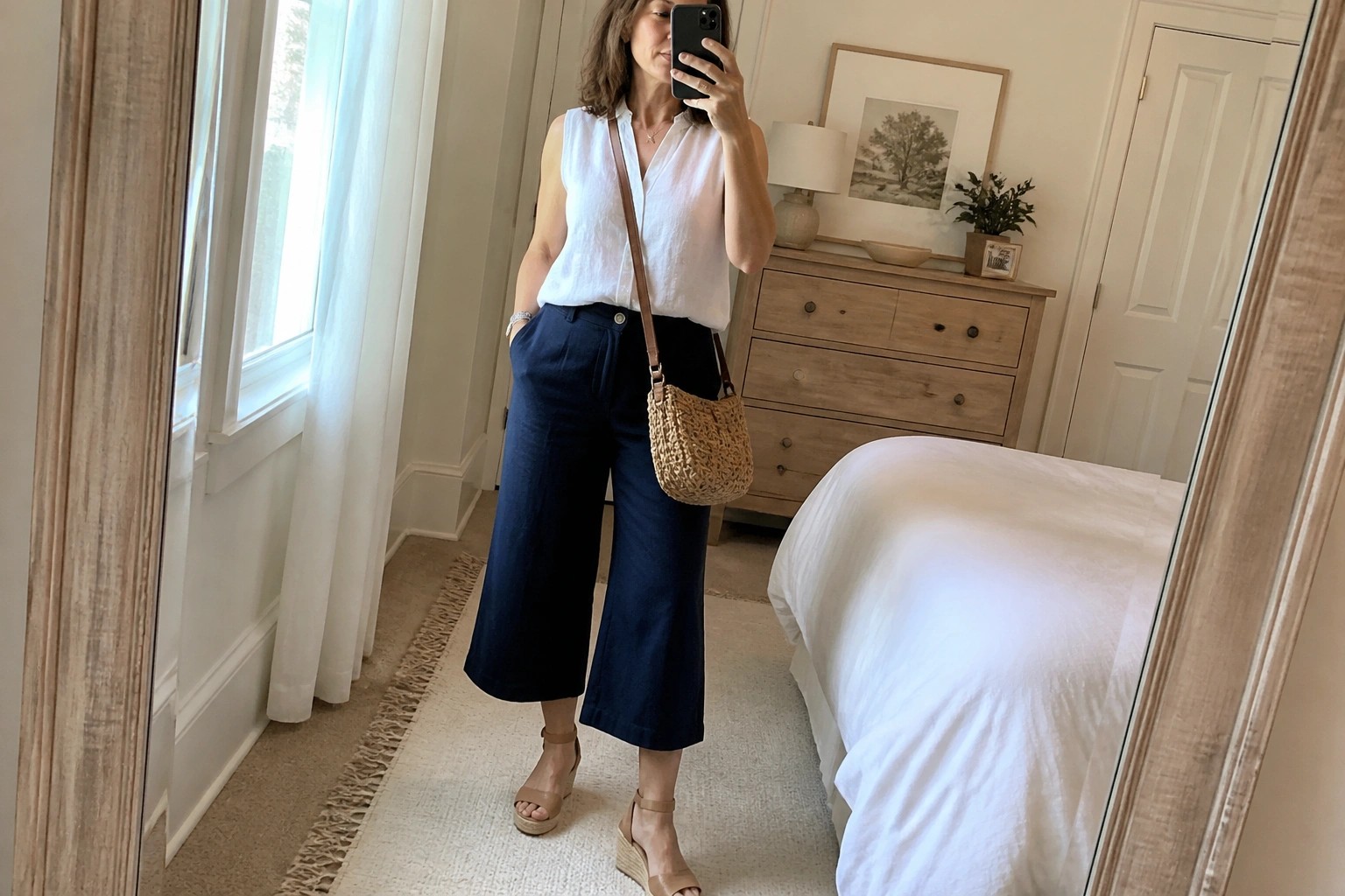 Woman in white sleeveless top and navy culottes taking bedroom mirror selfie with woven bag