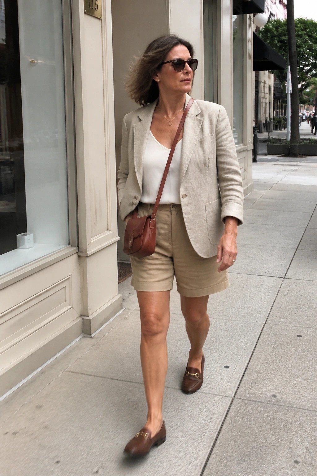 Woman in beige blazer and khaki shorts with brown bag on city sidewalk