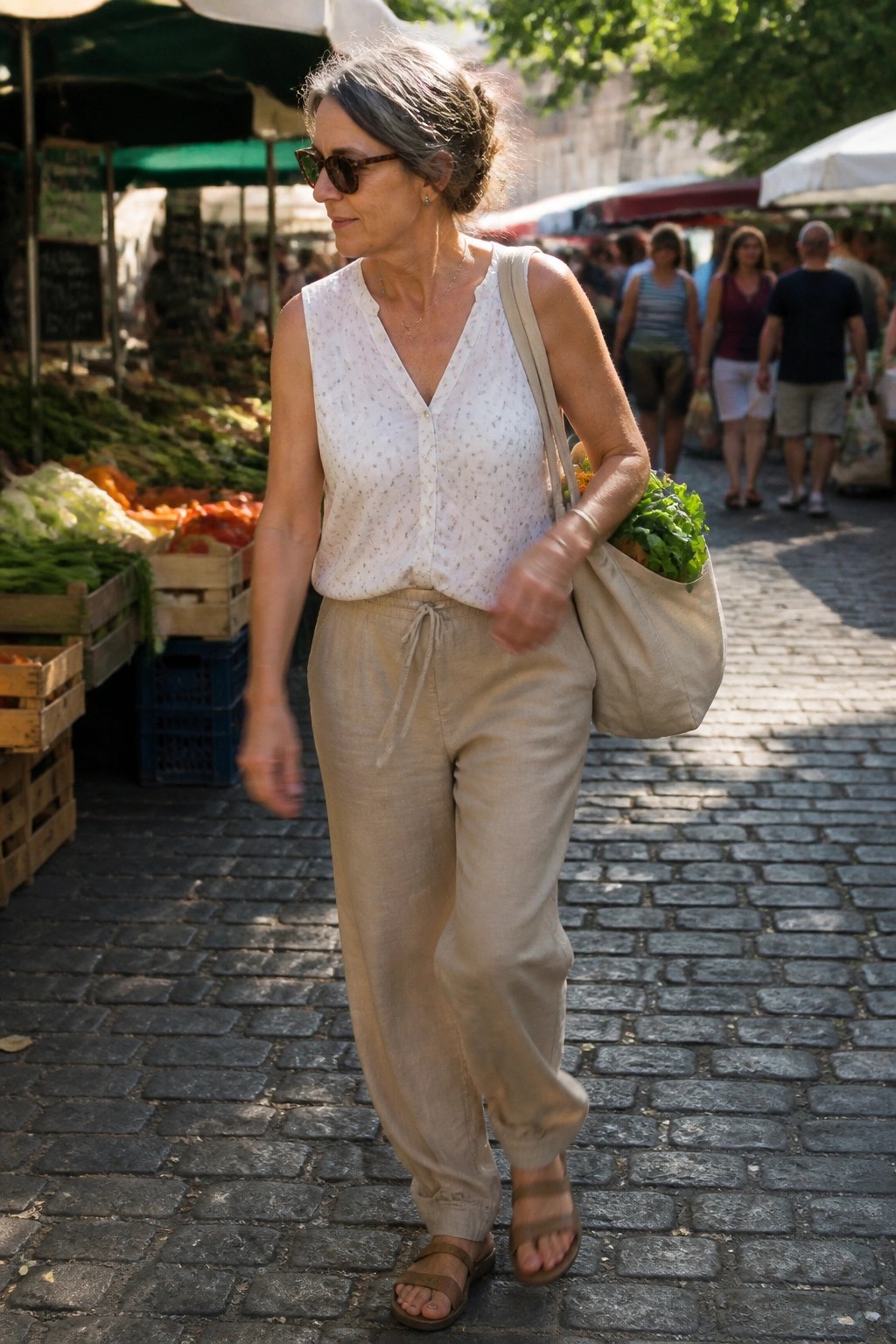 Woman in white top and beige pants carrying tote at vegetable market