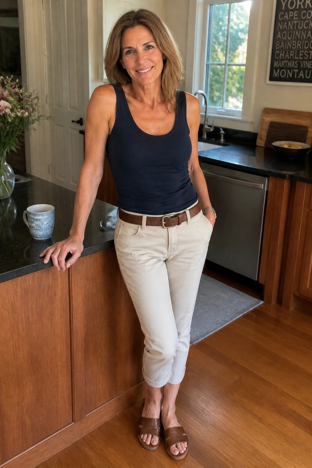 Smiling woman in navy tank top and beige pants leaning on kitchen counter