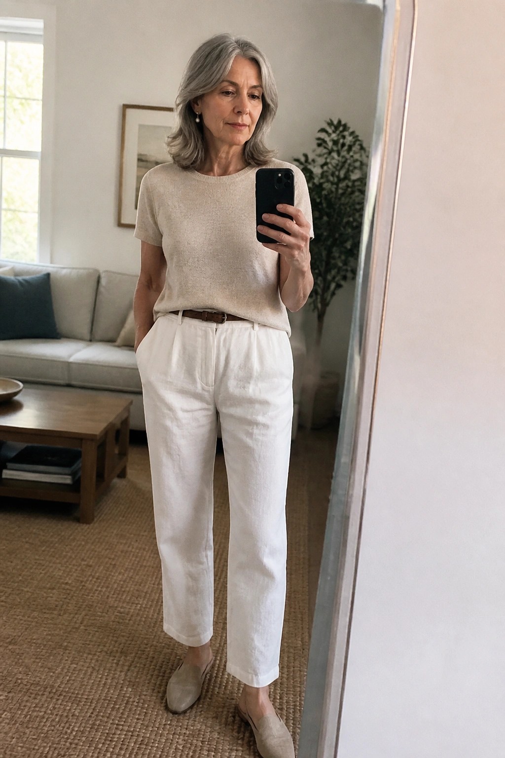 Gray-haired woman in cream sweater and white pants takes mirror selfie in living room.