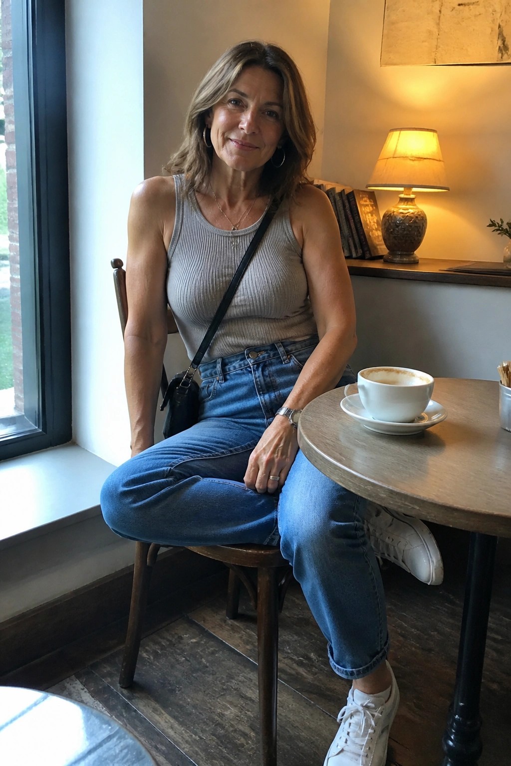 Woman in gray tank top and jeans seated at cafe table with coffee cup.