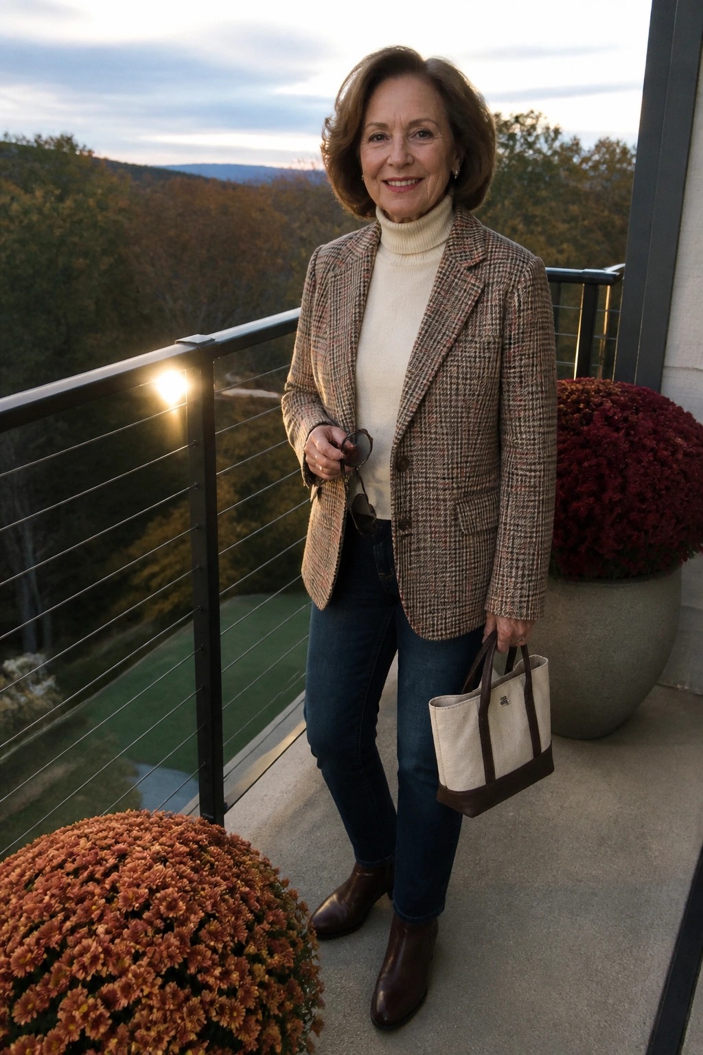 Elegant woman in tweed blazer holds handbag and sunglasses on balcony with autumn view