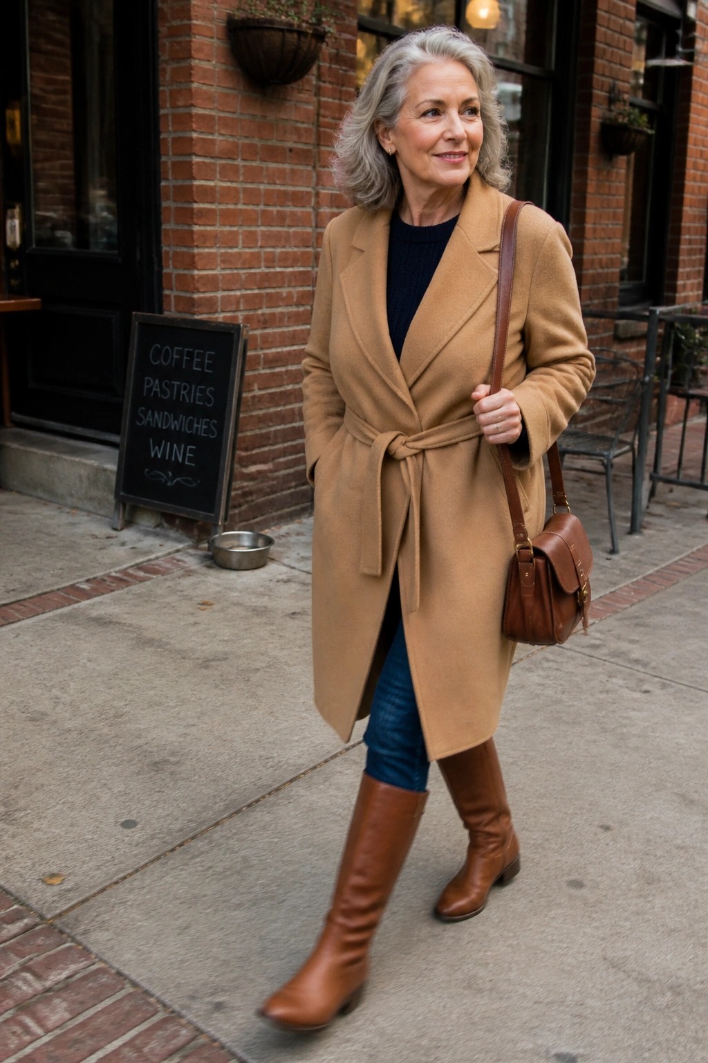 Gray-haired woman in tan coat, jeans, and brown boots on city sidewalk by cafe sign