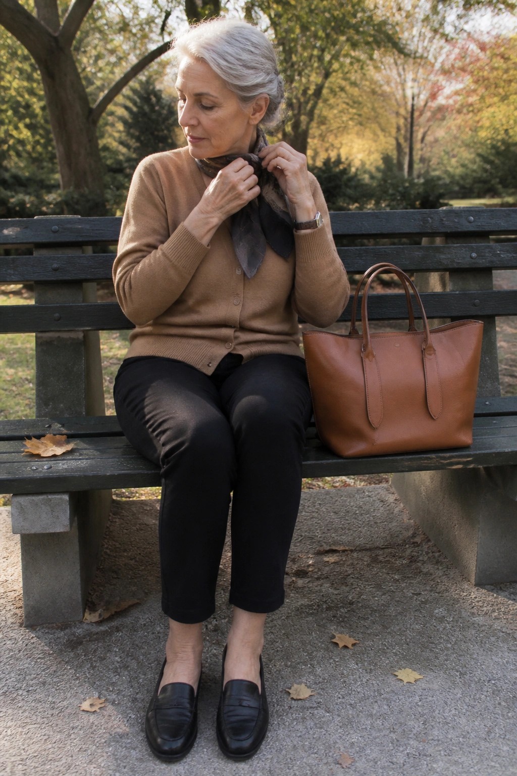 Elderly woman in brown cardigan adjusts scarf on park bench beside leather tote.