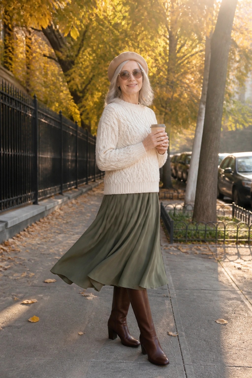 Gray-haired woman in beret, cream sweater, and green skirt holding coffee on autumn sidewalk.