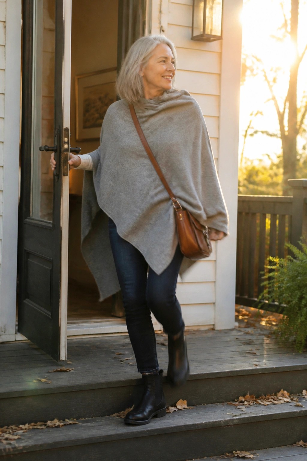 Woman over 60 in gray poncho sweater layered over white top with dark jeans black ankle boots and brown leather crossbody bag standing near open door