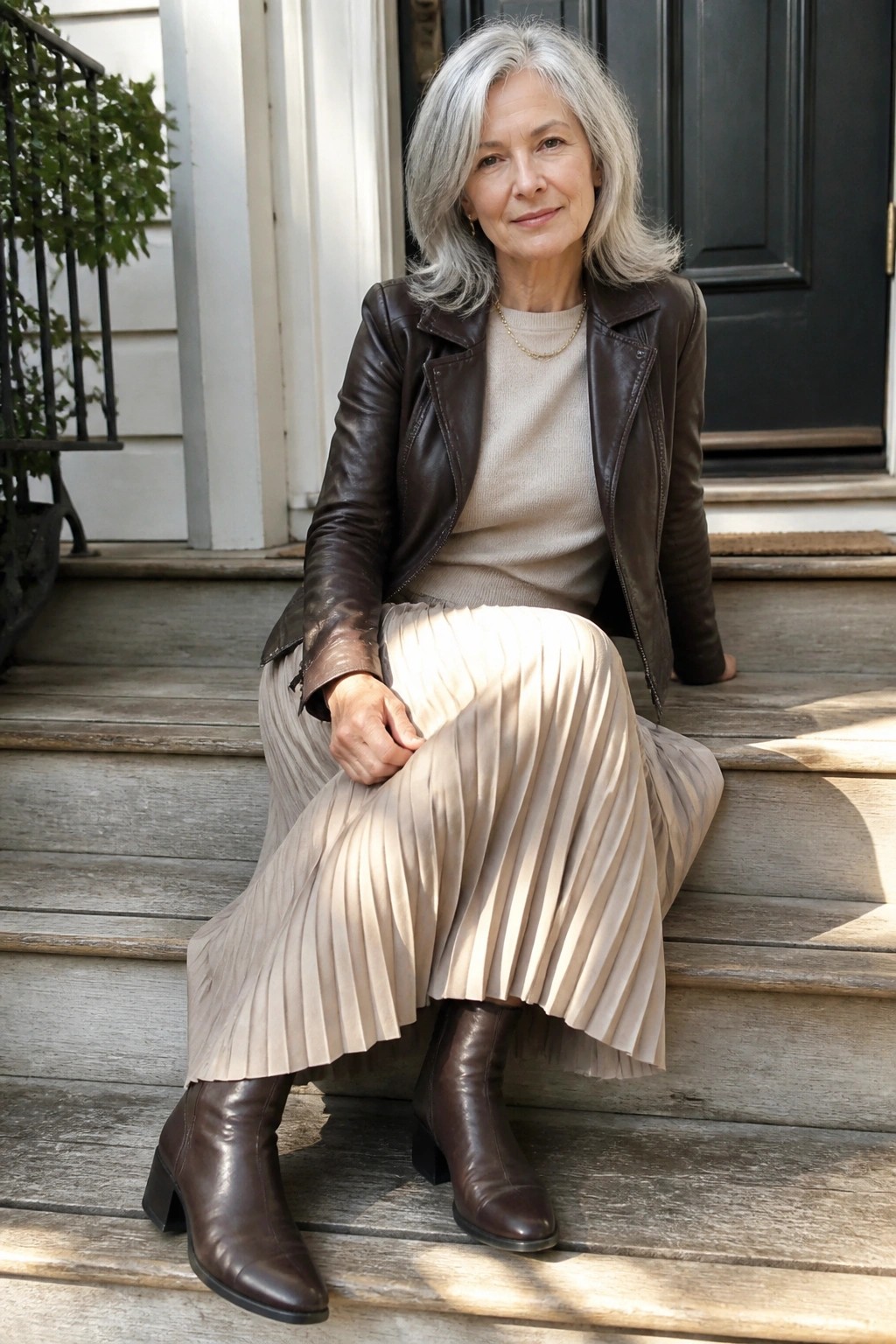 Silver-haired woman in brown leather jacket and beige pleated skirt on wooden steps.