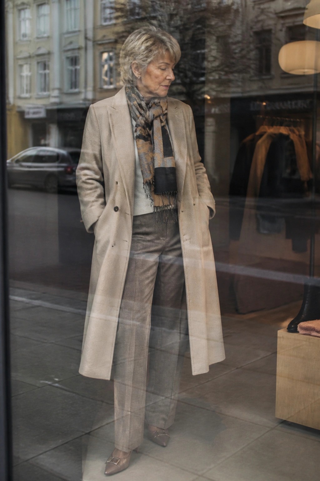 Stylish older woman in beige coat and patterned scarf on city sidewalk