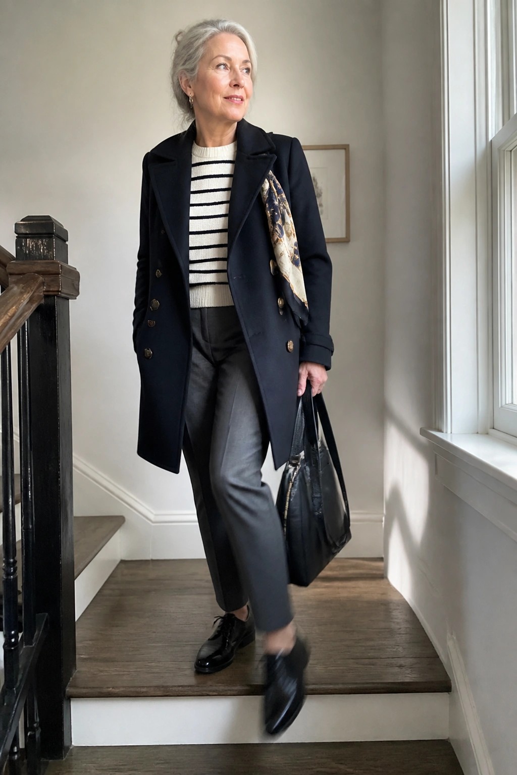 Gray-haired woman in navy coat and striped sweater on wooden stairs holding tote bag