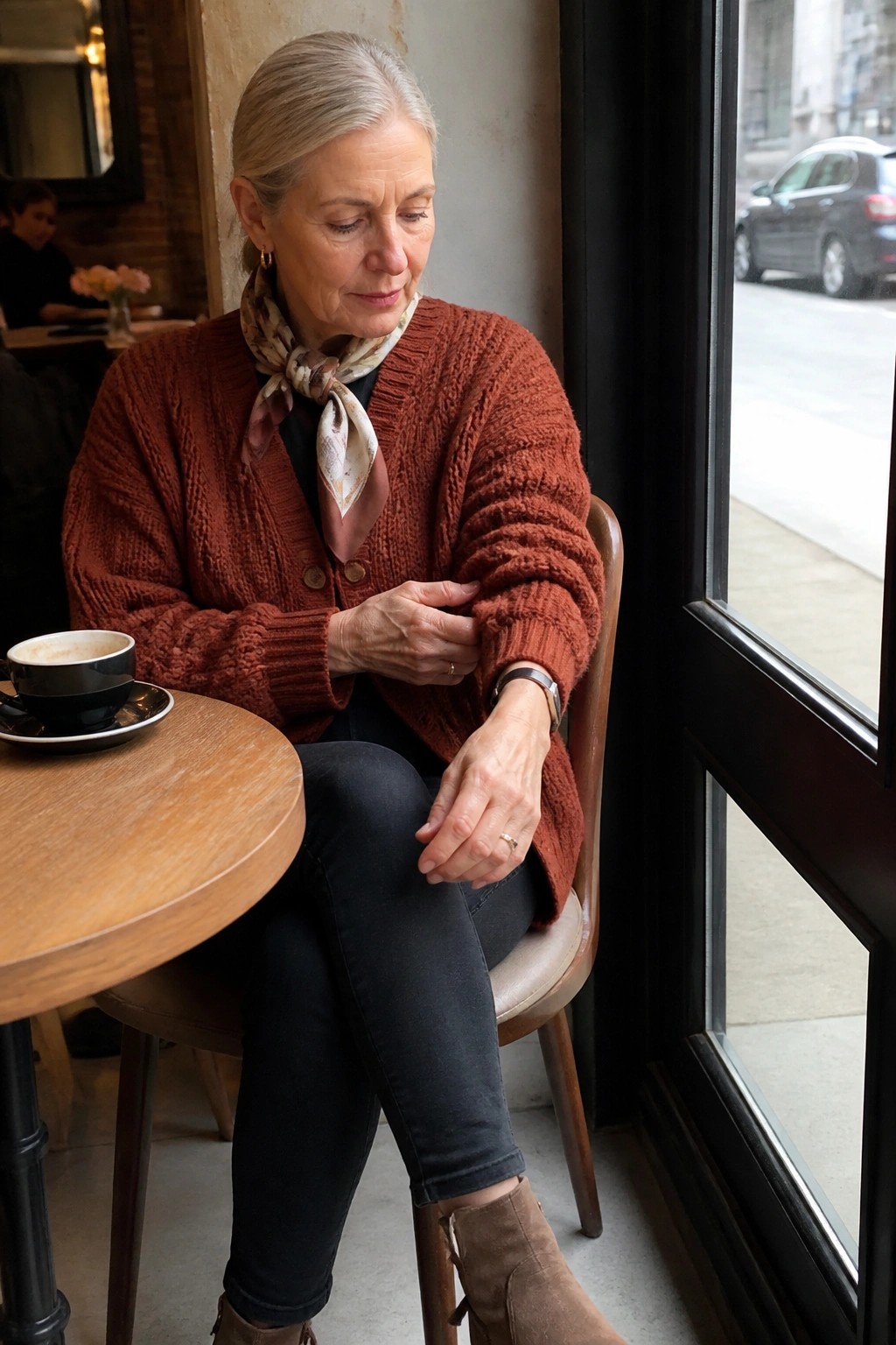 Woman over 60 in a rust chunky knit cardigan, patterned silk scarf, black top, dark jeans, and brown suede ankle boots seated indoors with a coffee cup nearby.