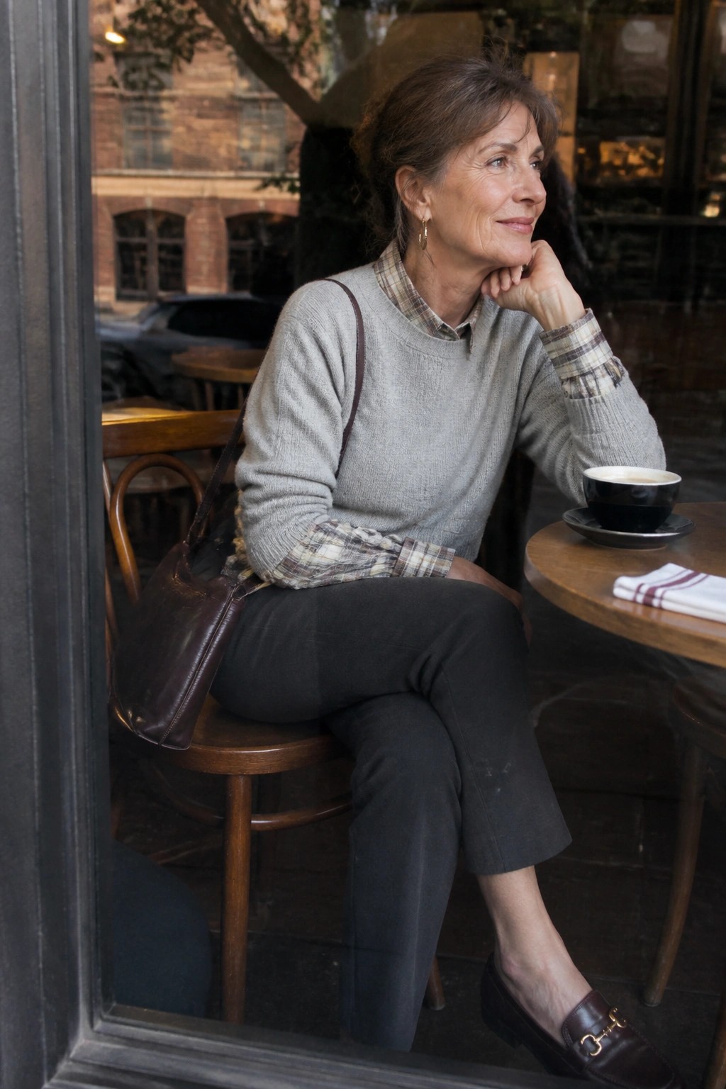 Woman in gray sweater over plaid shirt rests chin on hand at cafe table