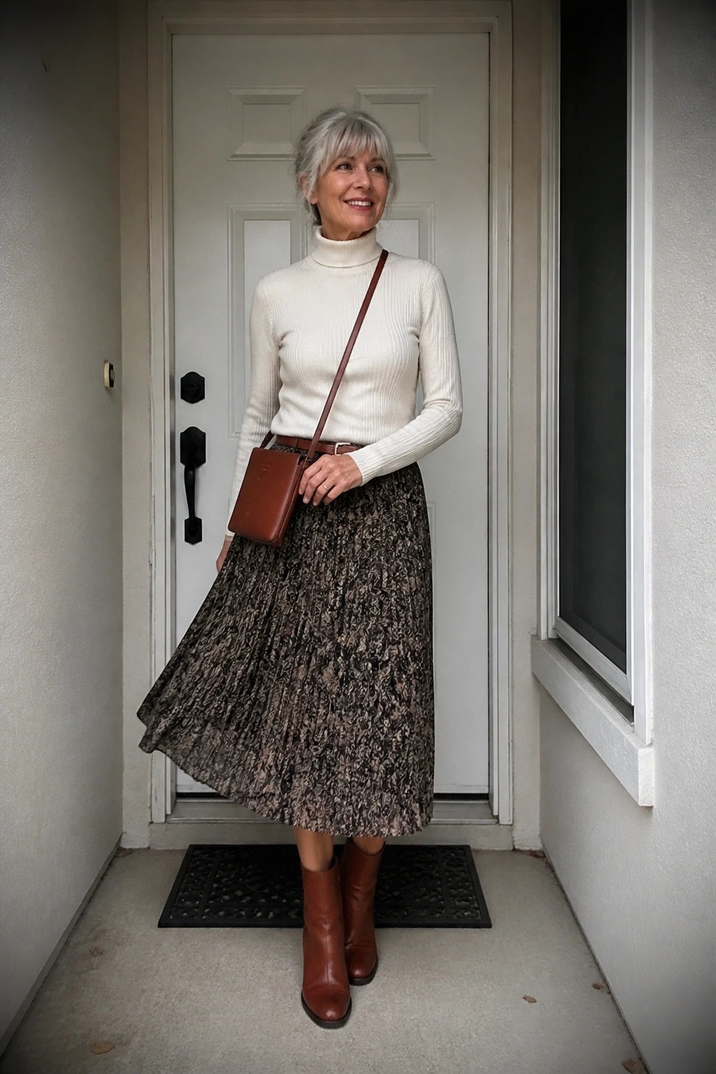 Stylish woman in white turtleneck, pleated patterned skirt, brown boots and bag.