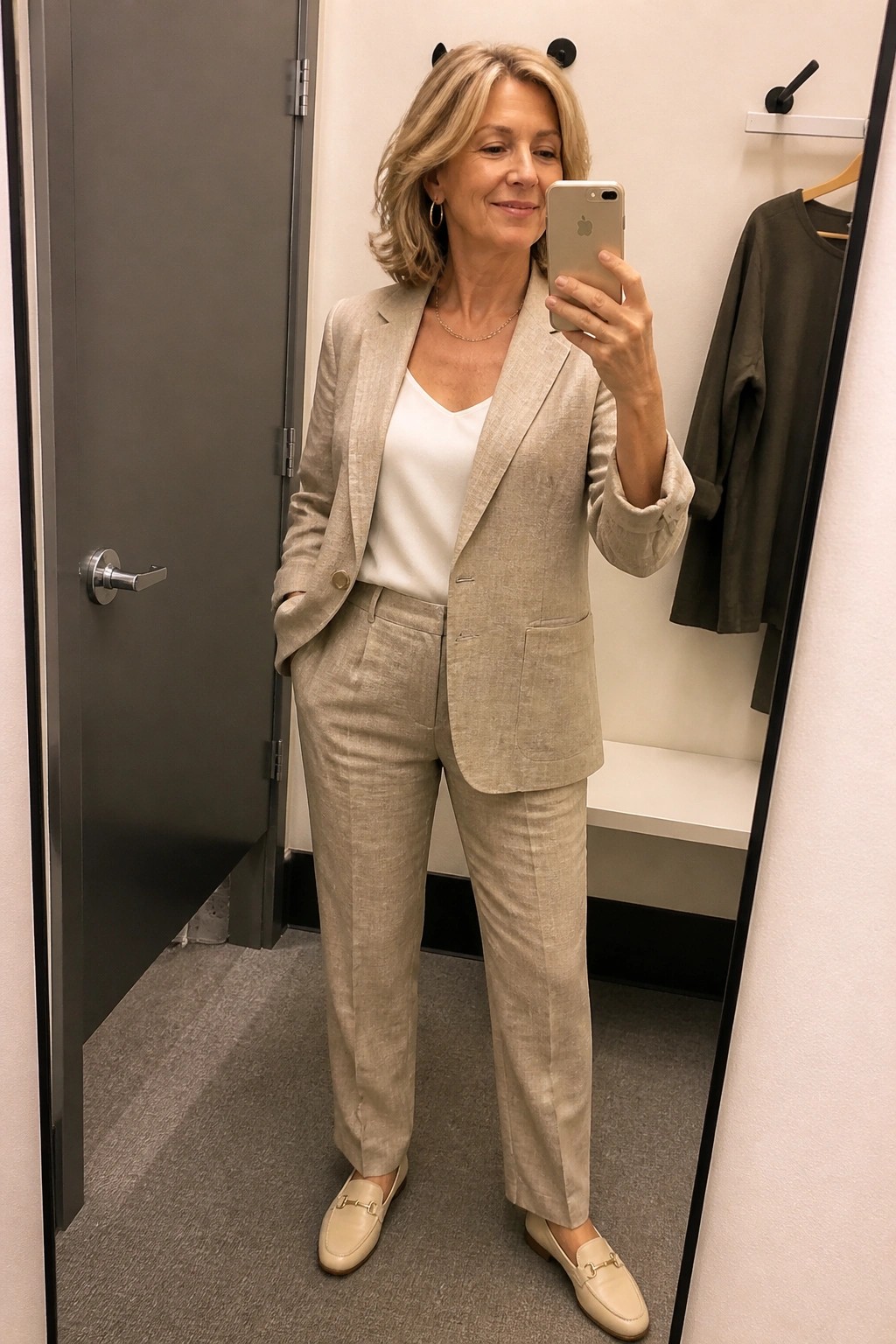 Woman in beige linen blazer and matching trousers with white top and loafers taking a mirror selfie.