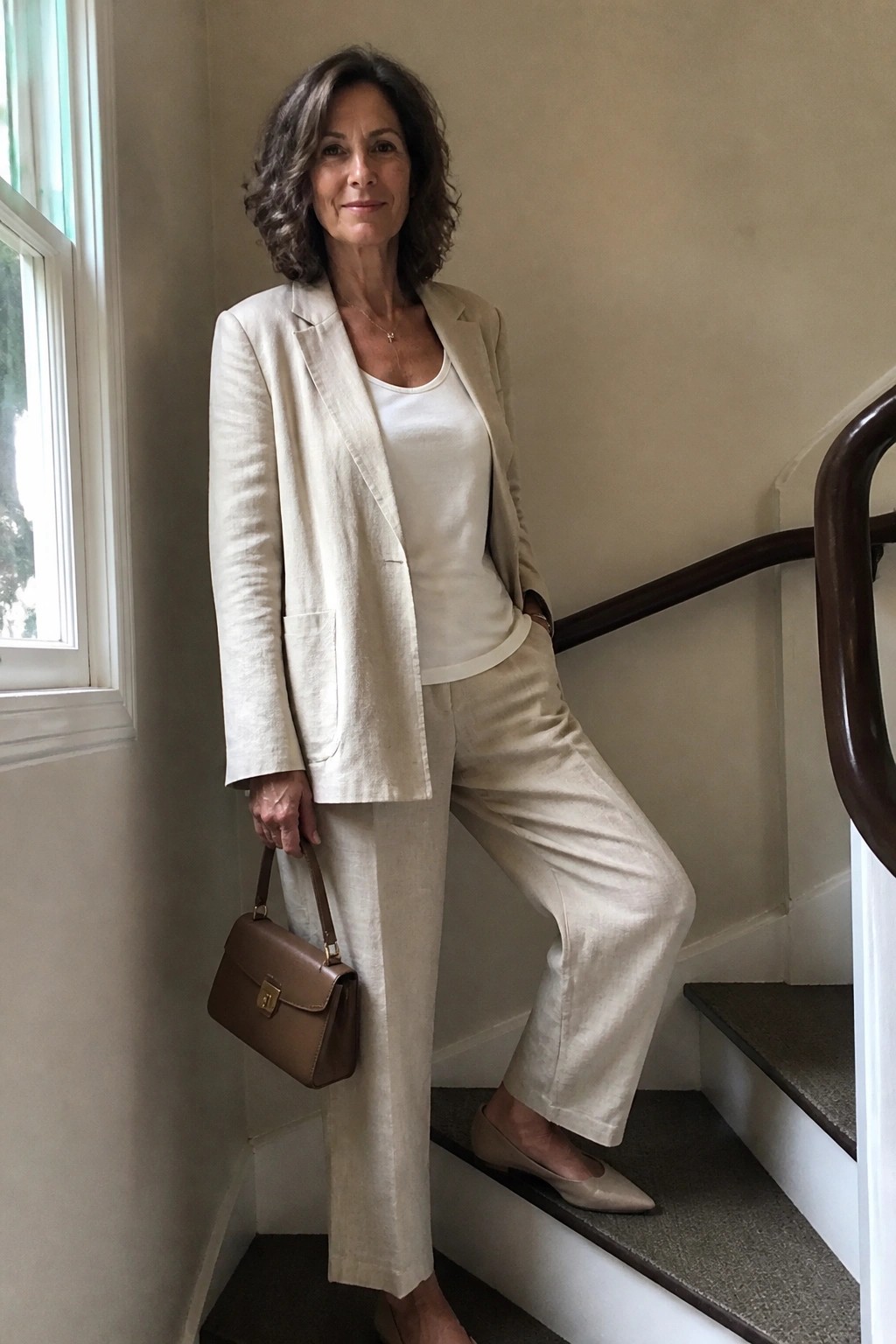 Woman in beige linen suit holding brown handbag on staircase