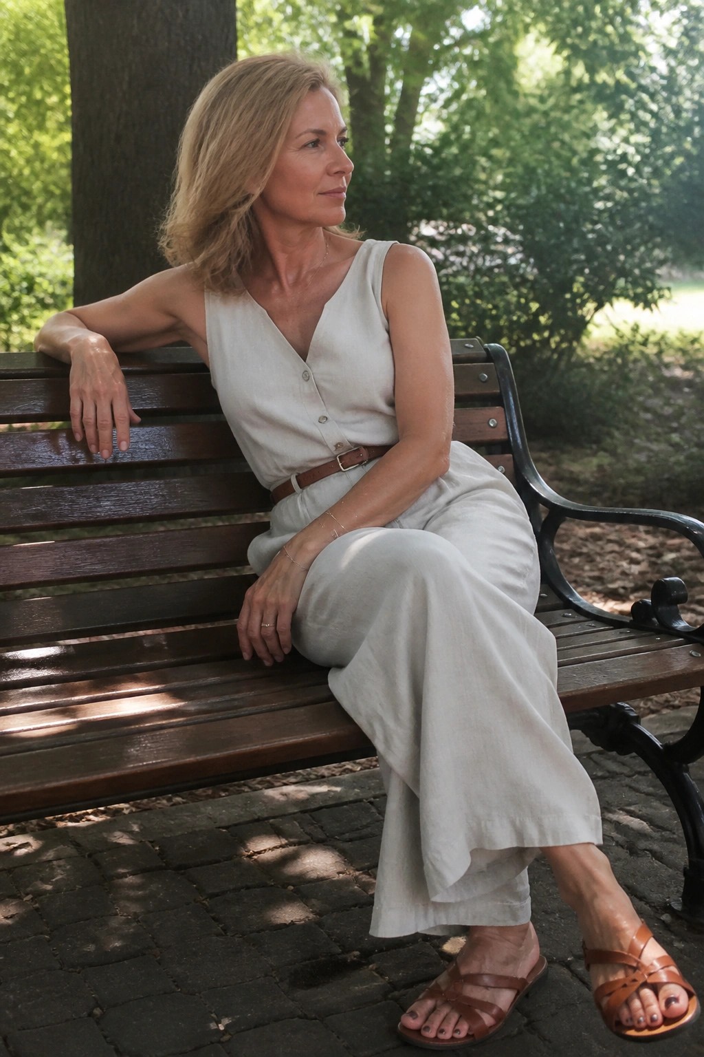Blonde woman in beige jumpsuit seated on wooden park bench outdoors