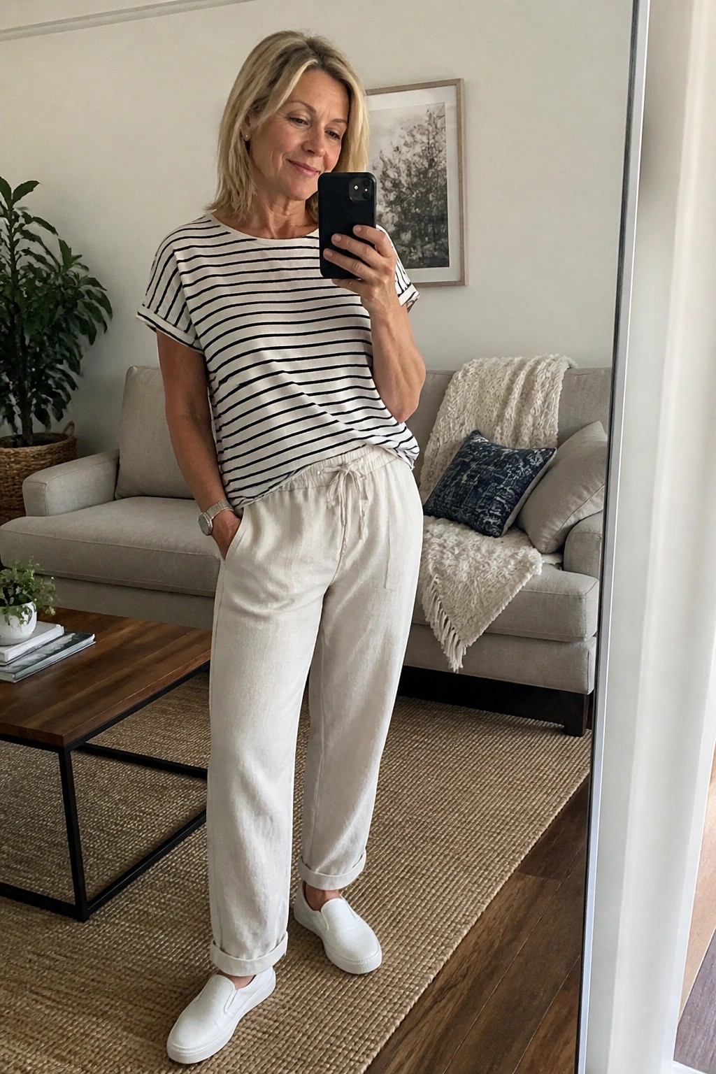 Woman wearing black and white striped short sleeve top with off white linen drawstring pants and white slip on sneakers while holding phone for mirror selfie.