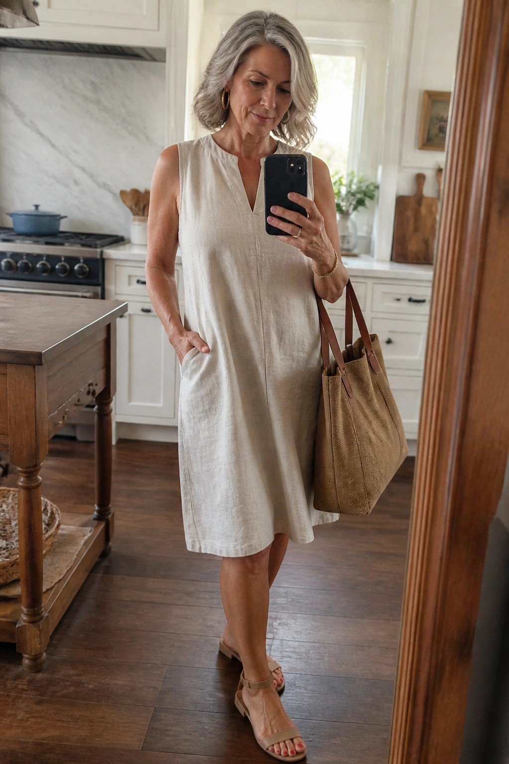Woman in beige linen dress taking mirror selfie in kitchen with brown tote bag
