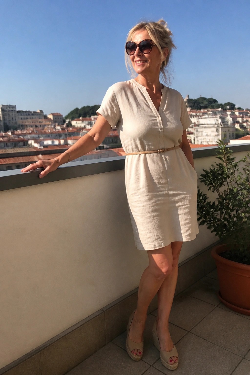 Blonde woman in beige belted dress on sunny city-view balcony
