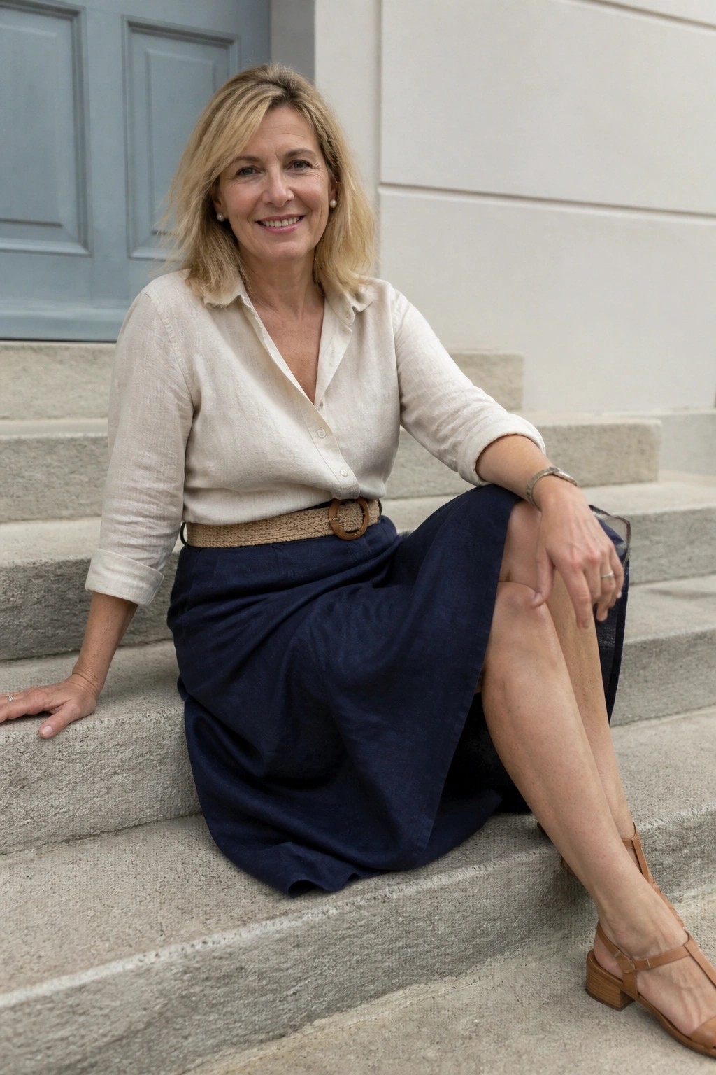 Blonde woman in cream shirt and navy skirt smiling on stone steps