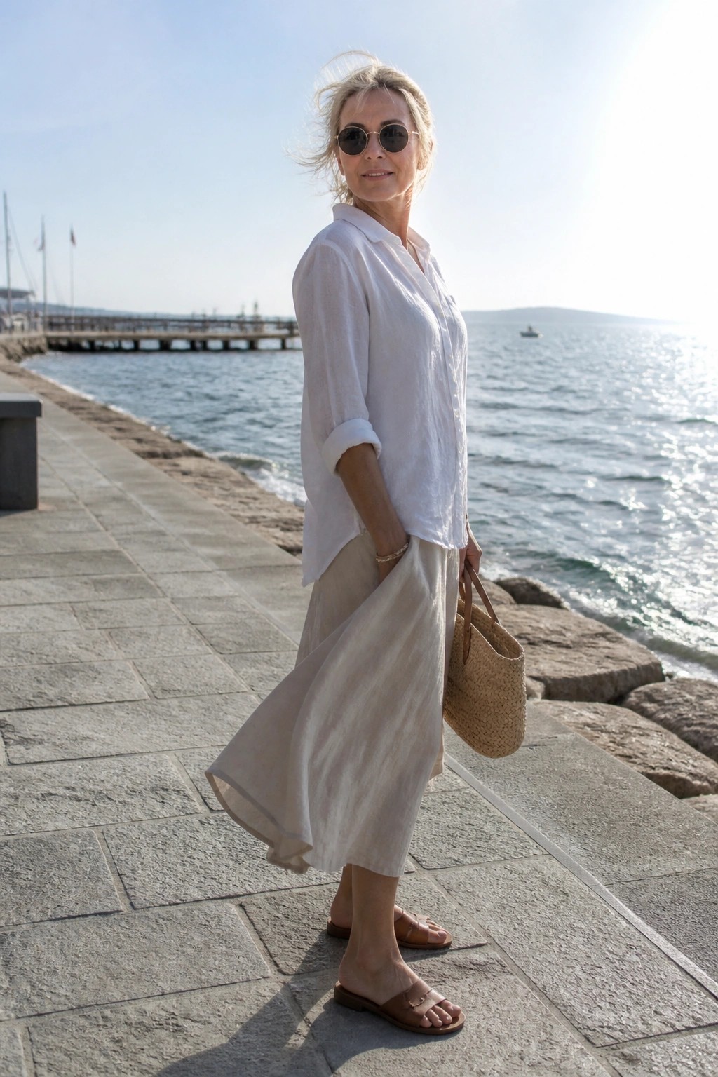 A woman wearing a white linen button-down shirt and a beige linen midi skirt with brown sandals and a straw bag, standing on a stone path.