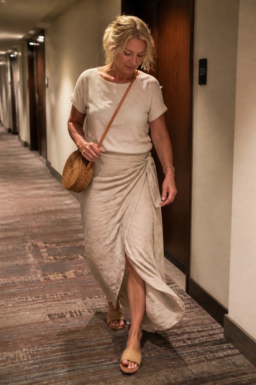 Woman in white top and beige wrap skirt with woven bag in hallway