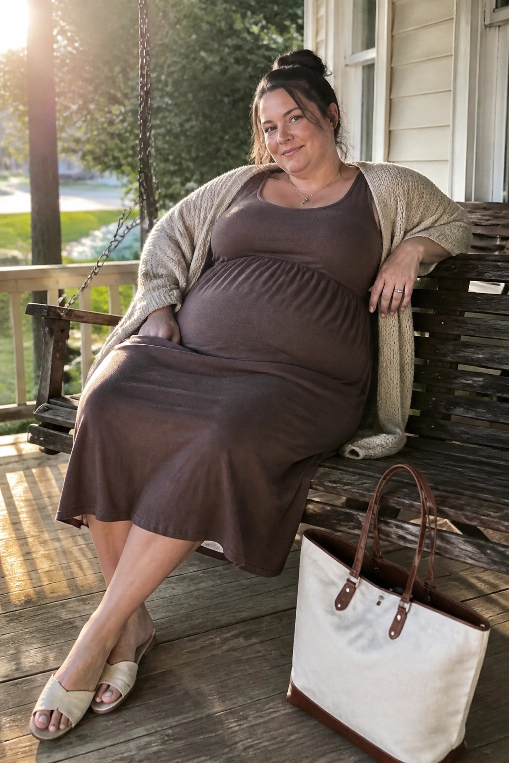 Plus size woman wearing a brown midi dress with an open beige knit cardigan, beige slide sandals, and a white tote bag resting on a wooden porch bench.