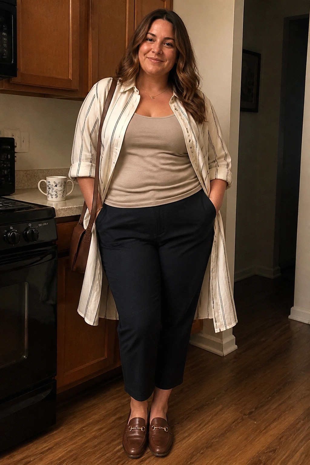 Plus size woman wearing an open white and black striped button down shirt over a beige tank top with navy straight leg pants and brown loafers, brown bag strap across the body.