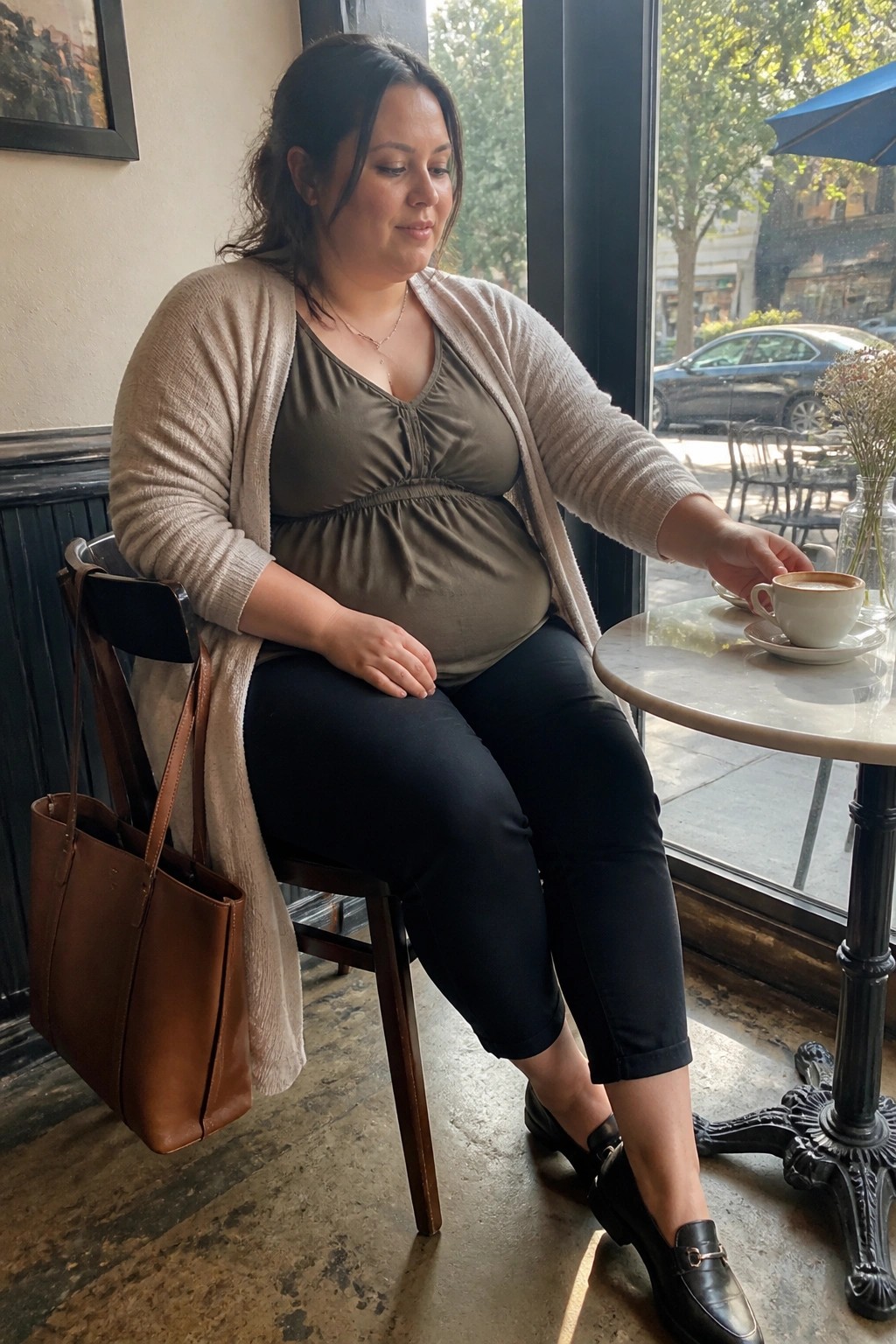 Plus size woman wearing an open beige cardigan over an olive green ruched camisole, black capri pants, black loafers, and carrying a brown leather tote bag while seated at a cafe table.