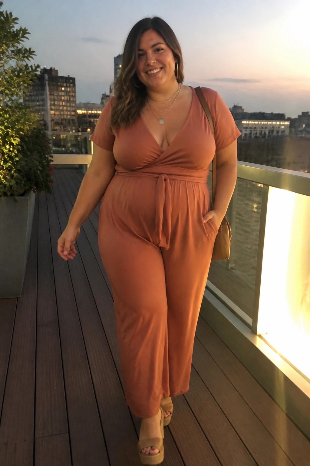 Plus size woman wearing a terracotta wrap front jumpsuit with short sleeves, tie waist, wide legs, and front pockets paired with beige platform sandals and a crossbody bag.