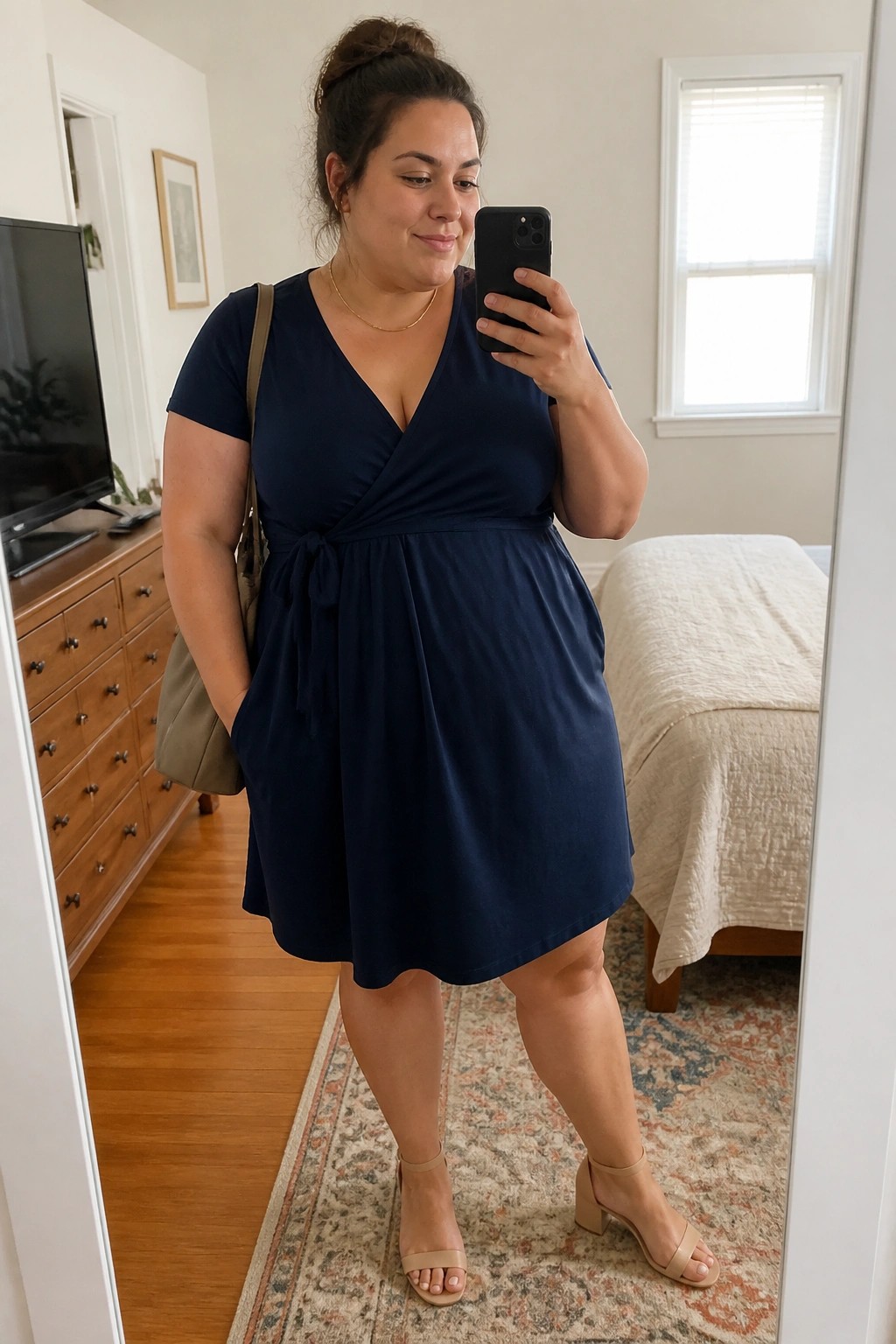 Woman in navy blue wrap dress taking mirror selfie in bedroom