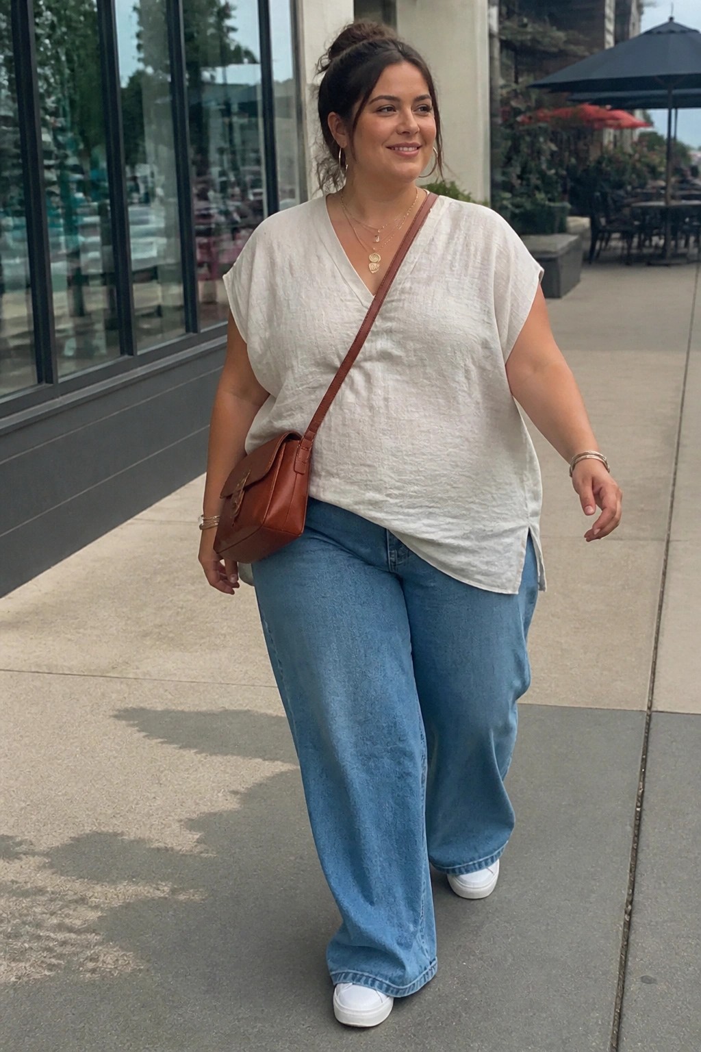 Plus size woman in a white short sleeve v neck top tucked loosely over high waisted wide leg blue jeans with white sneakers and a brown crossbody bag plus layered gold necklaces and bracelets.