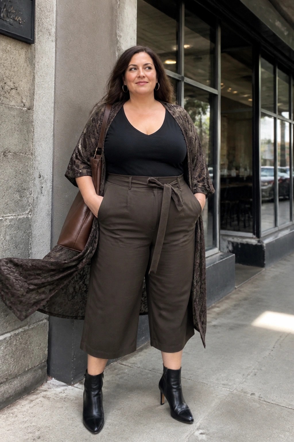 Woman in olive wide-leg pants, black top, and patterned kimono jacket on sidewalk