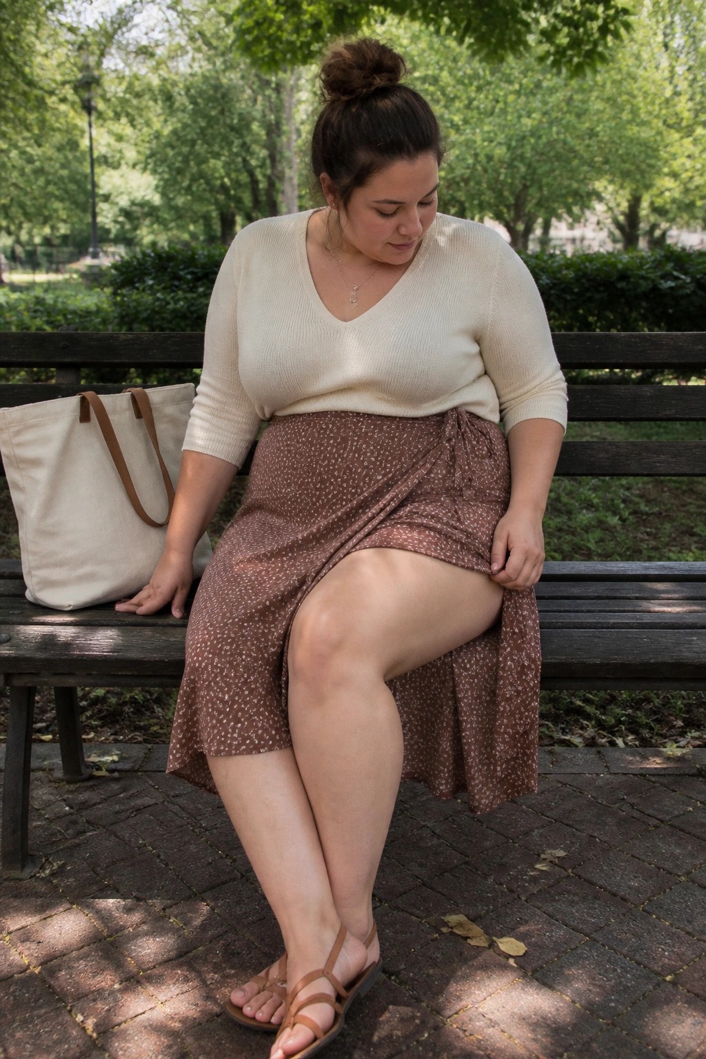Woman in cream sweater and brown patterned skirt on park bench with tote bag