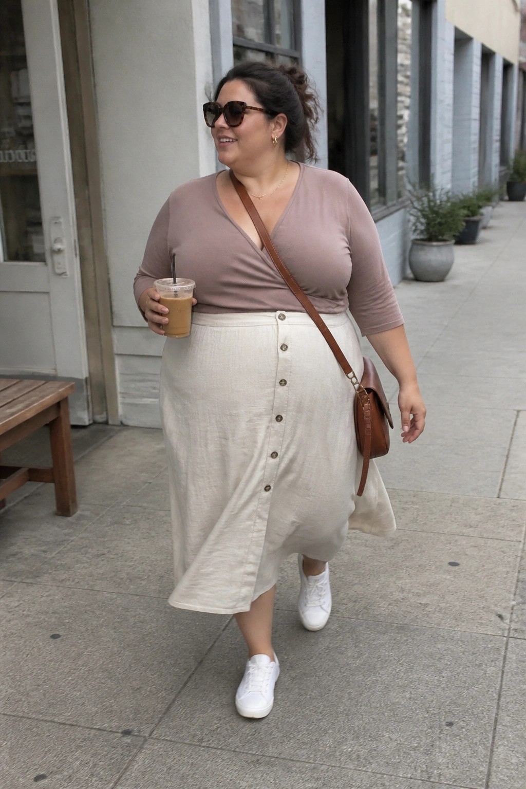 Woman in mauve top and cream button skirt walks with iced coffee on sidewalk.