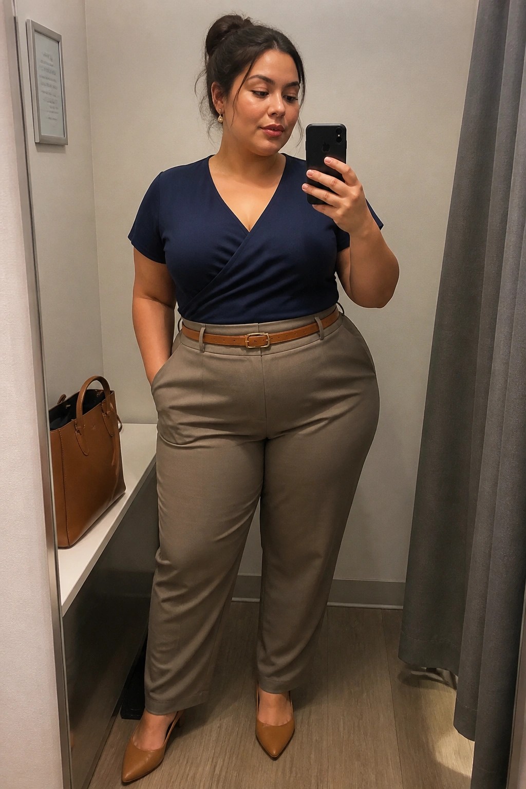 Woman in navy wrap top and taupe trousers taking a mirror selfie with phone