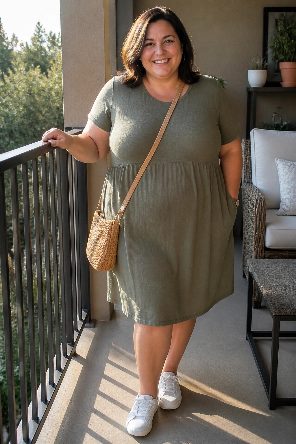 Smiling woman in sage green dress with woven bag on sunny balcony.