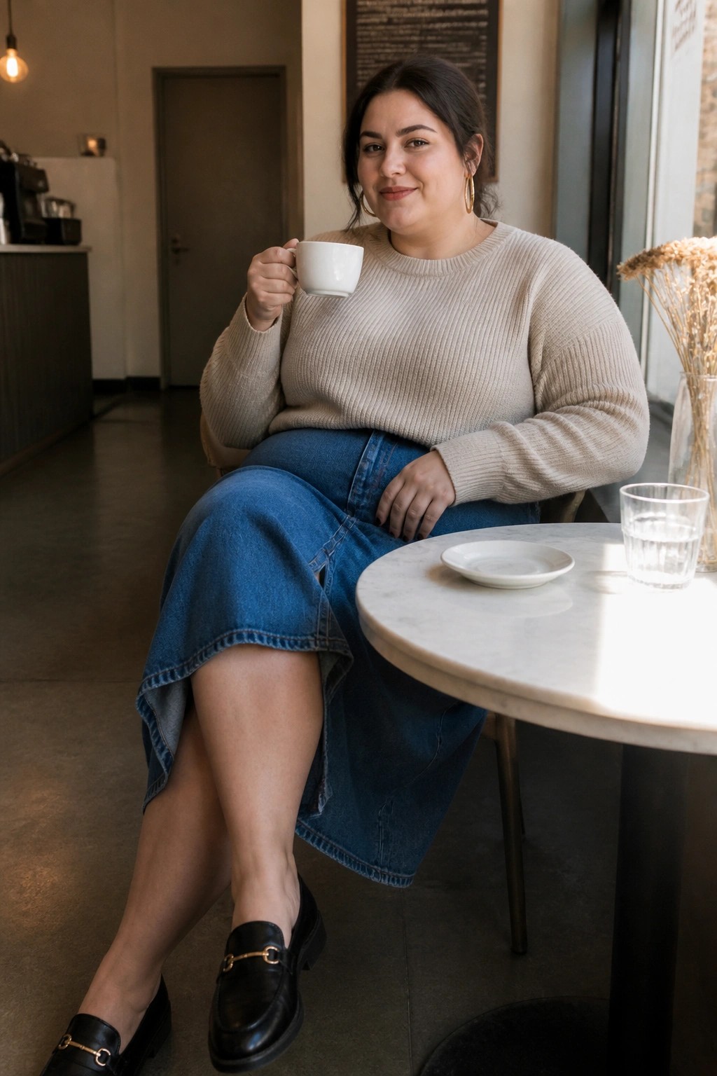 Woman in beige sweater and blue denim skirt holding coffee at marble cafe table.