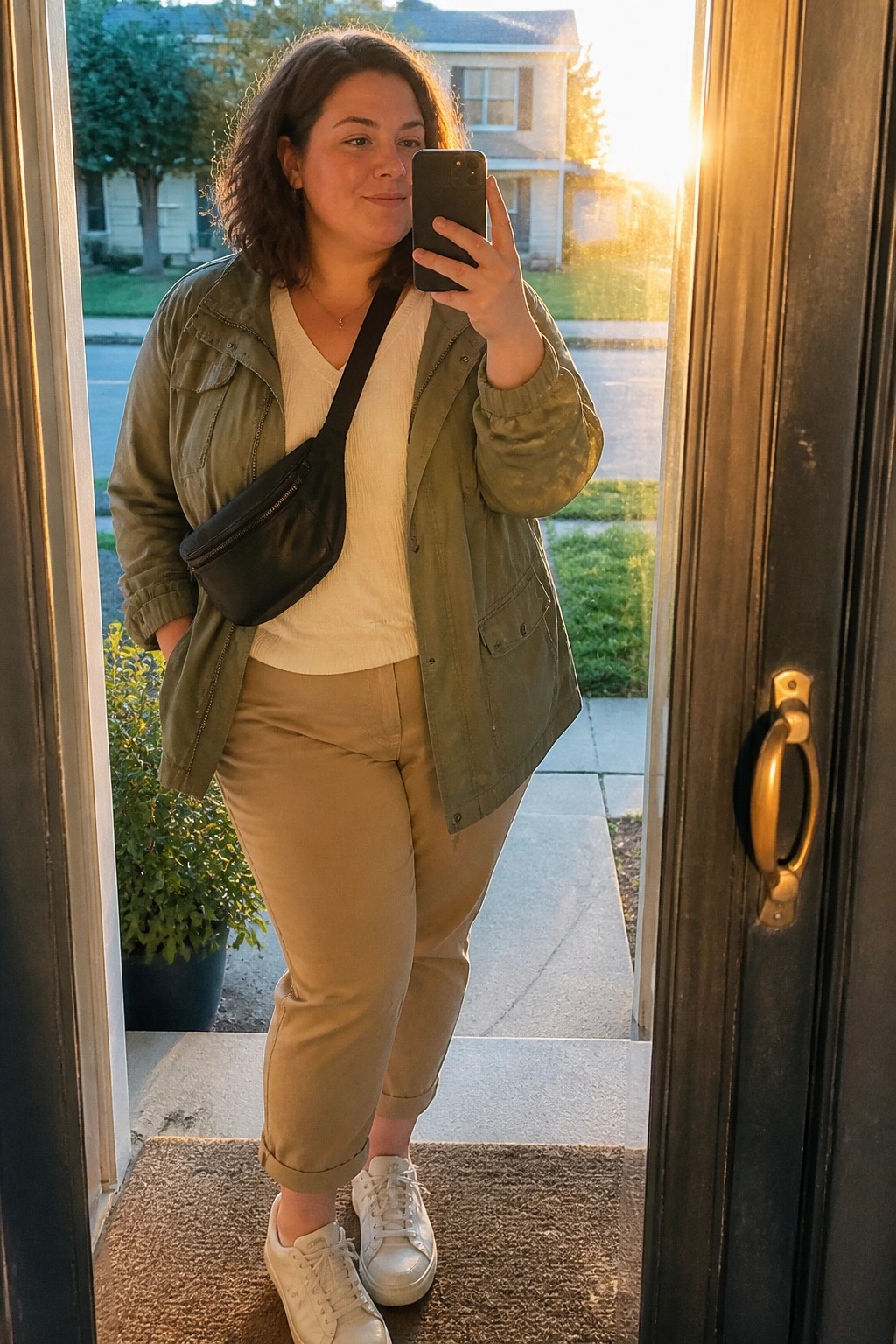 Woman in olive jacket and khaki pants taking selfie in doorway at sunset