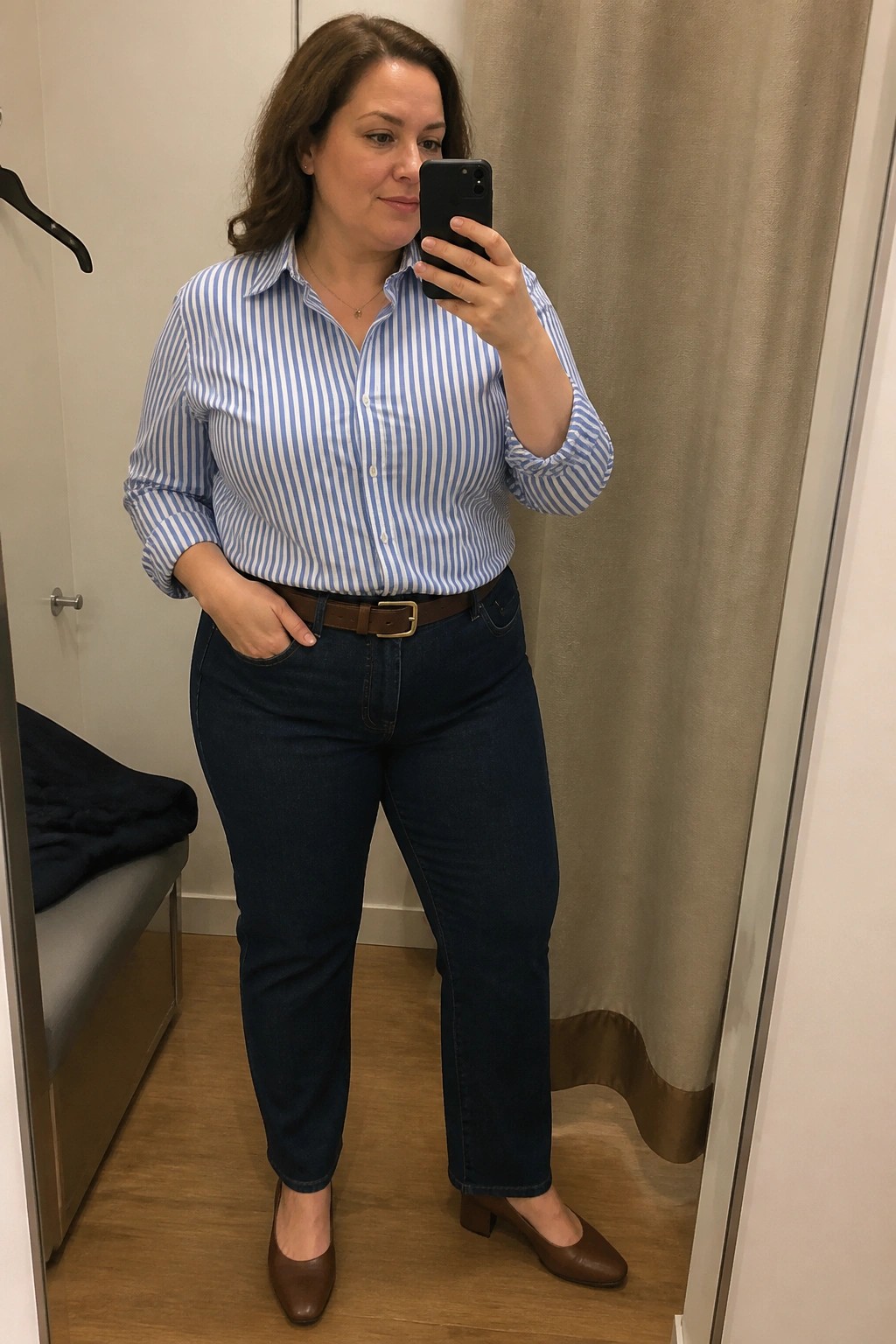 Plus size woman wearing a blue and white striped button down shirt tucked into dark blue straight leg jeans with a brown belt and brown block heel shoes, taking a mirror selfie in a fitting room.